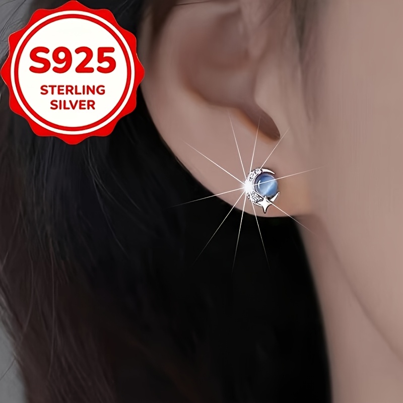 2pcs Women's S925 Silver Cat's Eye Stone Star Stud Earrings